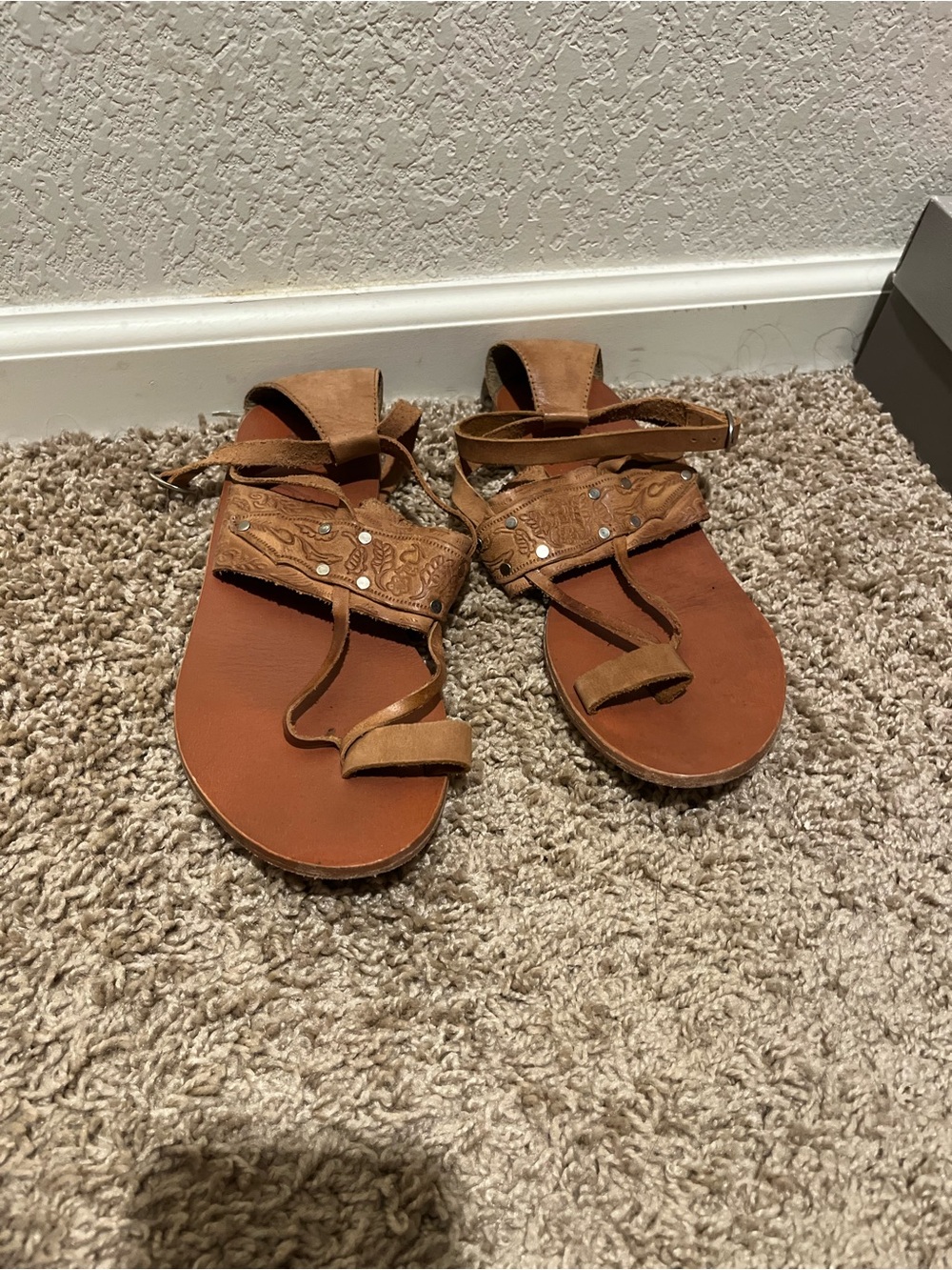 Free People Tan Leather Embossed Strappy Sandals